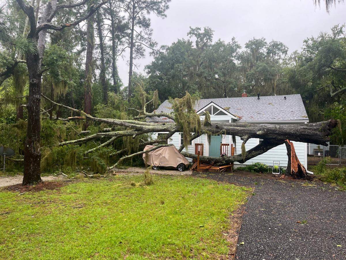 A fallen tree atop a golf cart at a home on Old Shell Road in Port Royal, South Carolina, on Tuesday, Aug. 6, 2024.
