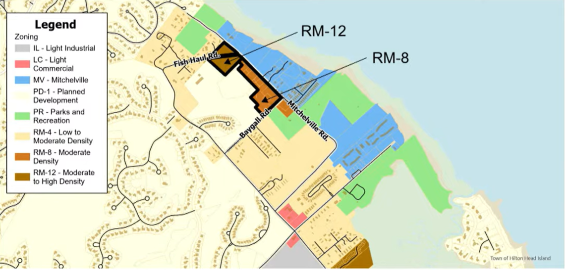 The blue chunks on the map show areas currently under Mitchelville Zoning. The black outline shows where the Gullah Geechee Historic Neighborhoods Community Development Corporation has proposed to expand the zoning.