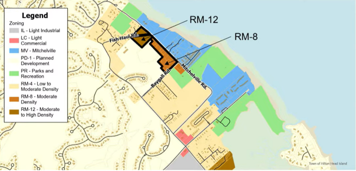The blue chunks on the map show areas currently under Mitchelville Zoning. The black outline shows where the Gullah Geechee Historic Neighborhoods Community Development Corporation has proposed to expand the zoning.