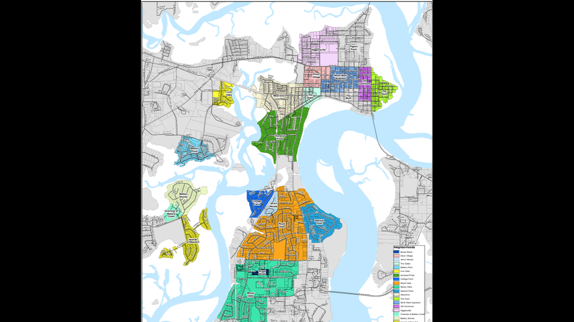 The colors indicate Beaufort neighborhoods. Short-term rentals are limited to 4% of the residential properties in each neighborhood where they are allowed. 