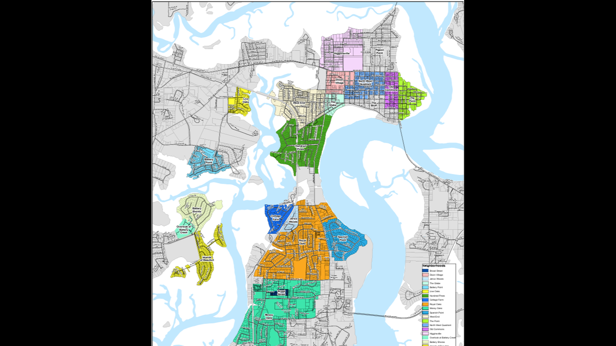 The colors indicate Beaufort neighborhoods. Short-term rentals are limited to 6% of the residential properties in each neighborhood where they are allowed.