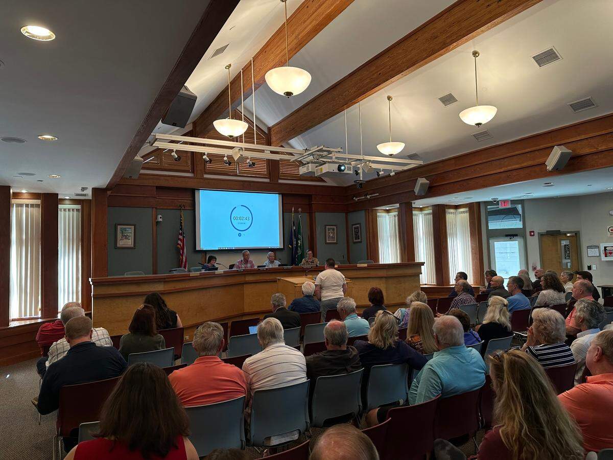 An employee of the island’s service industry speaks to the town’s Public Planning Committee on behalf of the Jonesville Preservation Society on Feb. 23, urging town leaders to consider the group’s recommendations for short-term rental regulation.