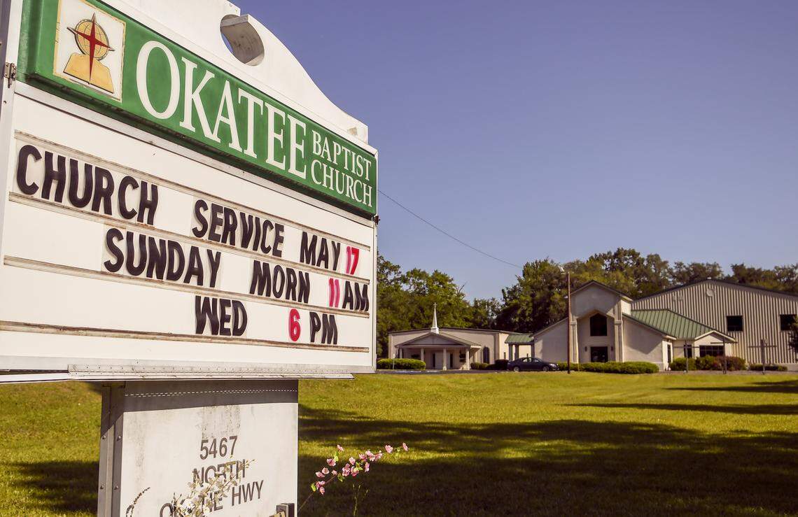 The sign of Okatee Baptist Church informs parishioners that Sunday morning services will resume Sunday, May 17, 2020 as seen on Thursday, May 7, 2020, located along Okatie Highway in Ridgeland. The church’s website informs congregants that only worship service at 11 a.m. will occur due to the coronavirus.