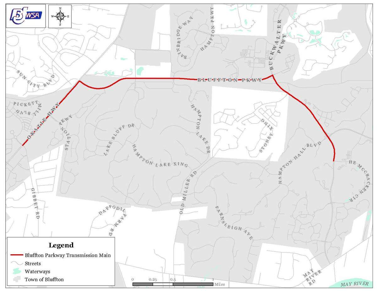 A map of the proposed Bluffton Parkway transmission main line from the intersection at Gibbet Road and S.C. 170 to H.E. McCracken Circle.