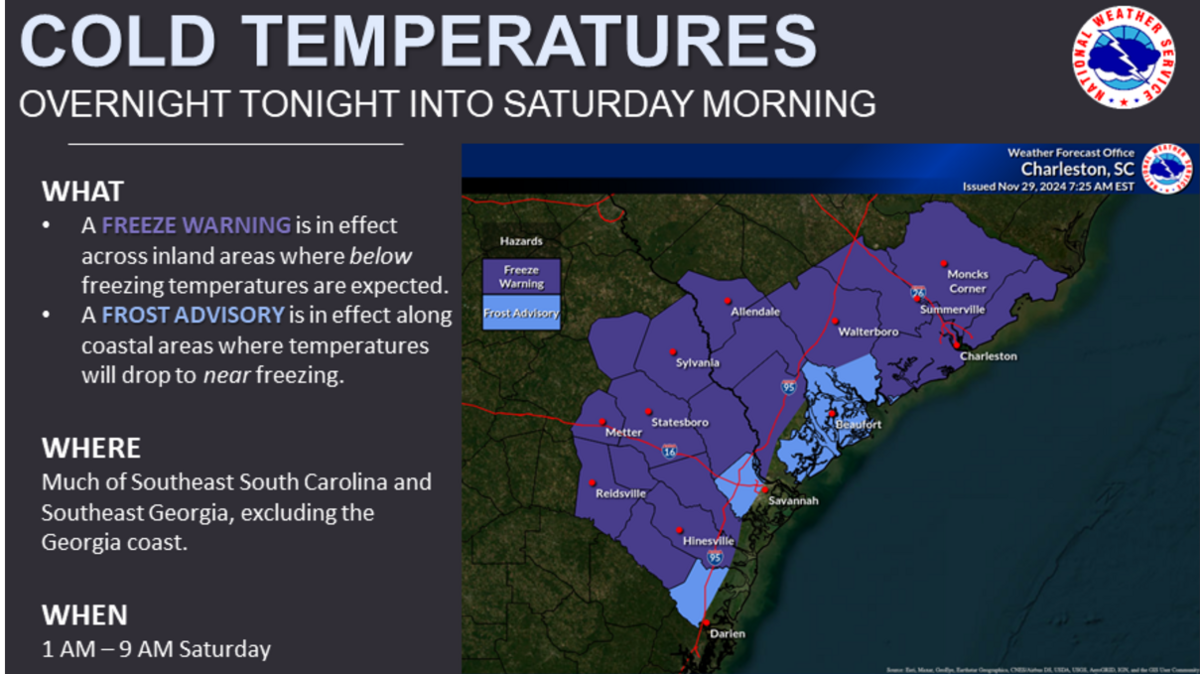 A frost warning is in place in inland areas of South Carolina while a frost advisory is in place on the coast.