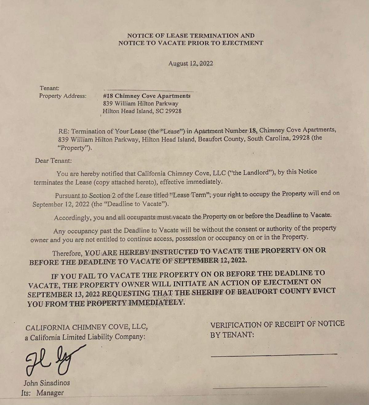 Chimney Cove residents came home on Aug. 12 to eviction notices like this one taped to their door telling them that they have 30 days to vacate the property.