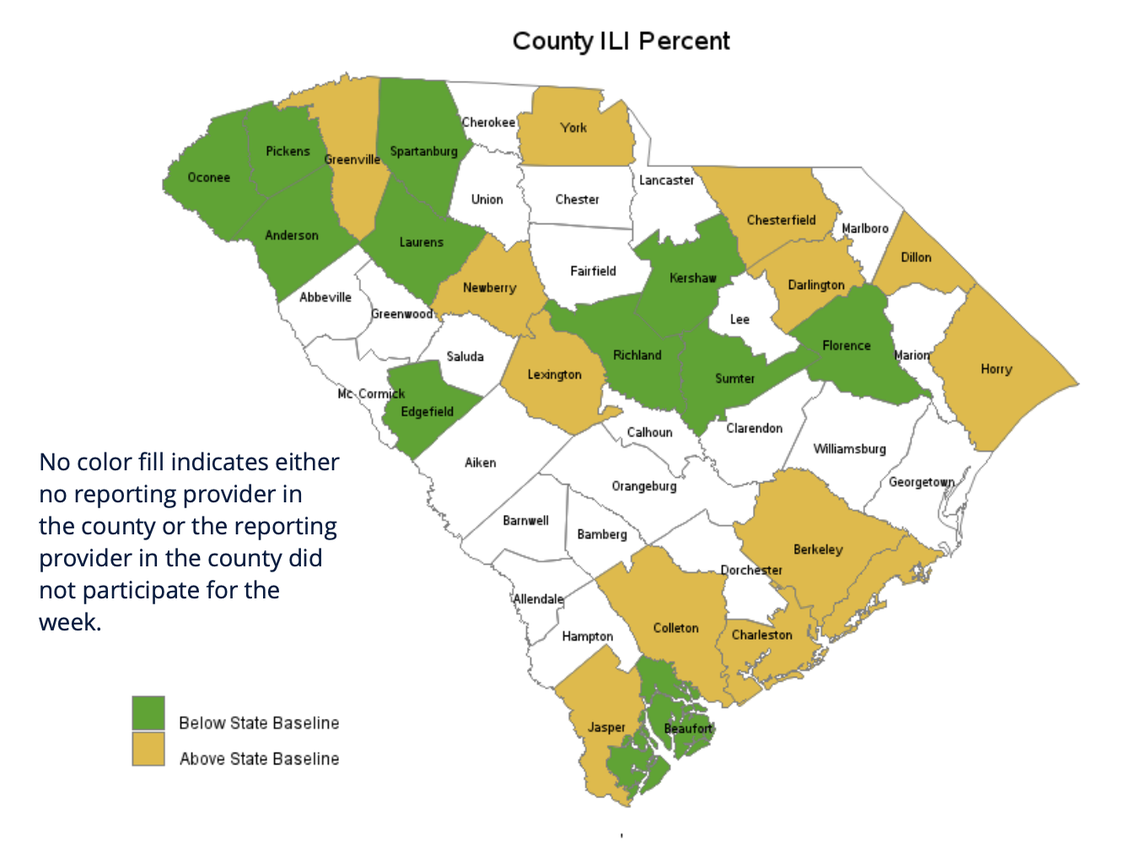 According to the latest flu report from the South Carolina Department of Public Health for the week of Dec. 7–13, 12 South Carolina counties (colored in yellow) had an increase in flu activity.