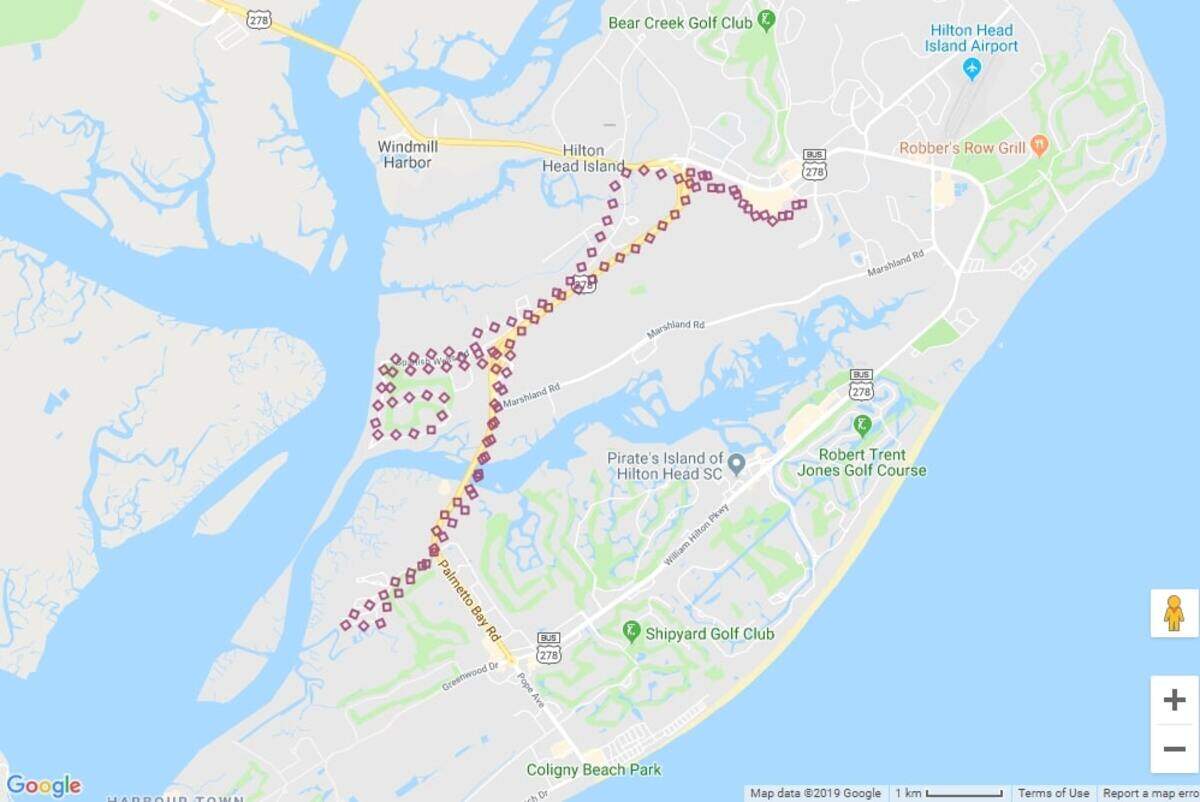 The general areas to be affected by the Hilton Head Marathon, Half & 8K. Note: this is not the exact race route.