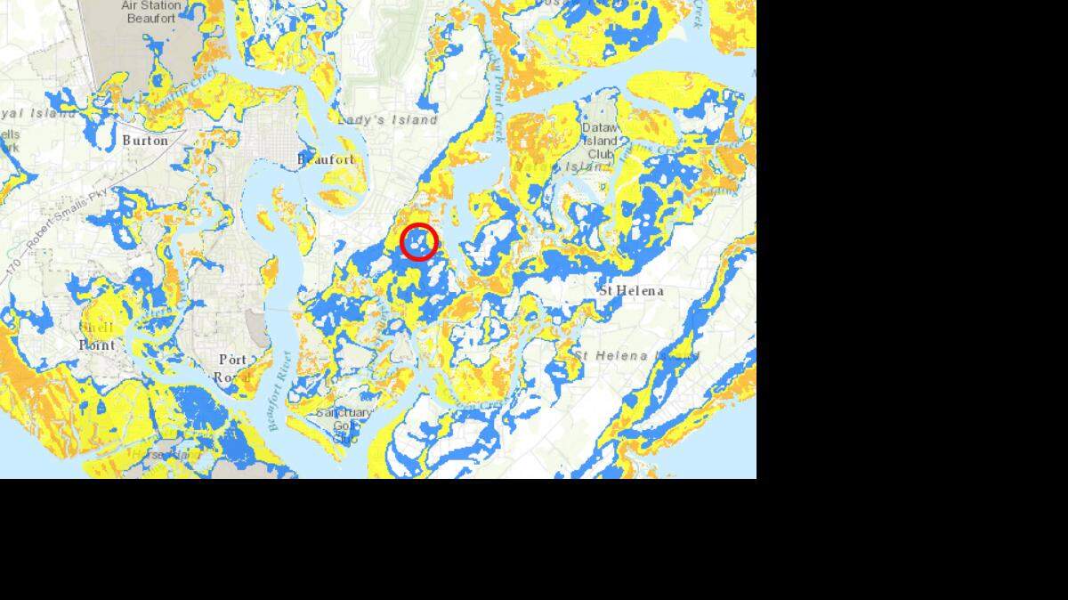 This map of Lady's Island and the surrounding area shows estimated inundation during a Category 1 hurricane strike, where storm surge could be at least 3 feet (blue areas) or greater (yellow). The approximate location of the Beaufort County Airport is marked by a red circle. 