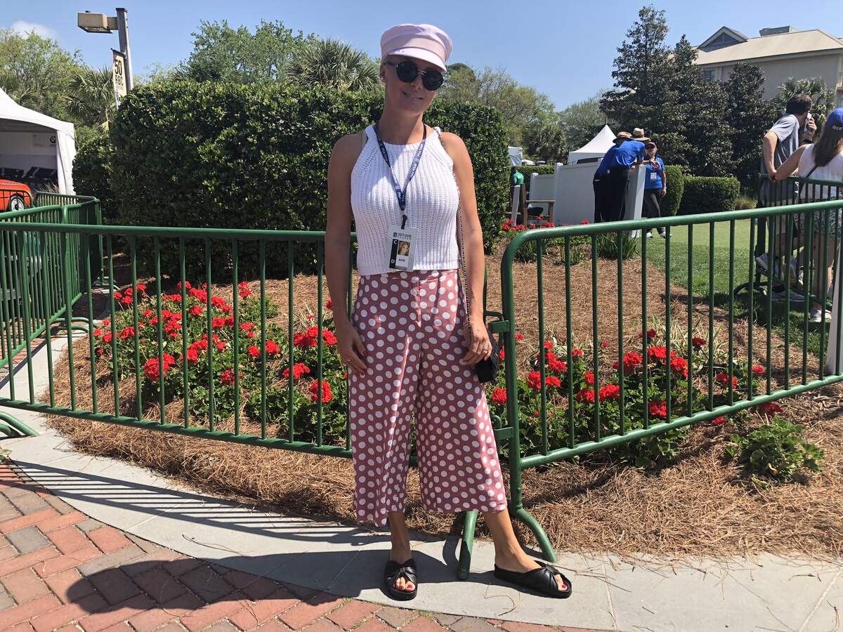 Tina Stofanikova, who's originally from Slovakia but now lives in Florida, paired her pink polka-dotted culottes with a pink cap.