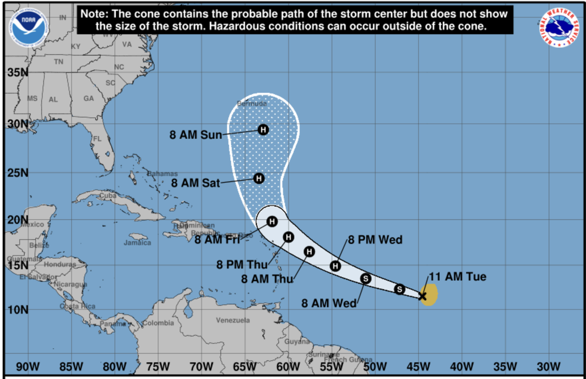 Cone for Tropical Storm Jerry as of 11 a.m., Oct. 7 , 2025.