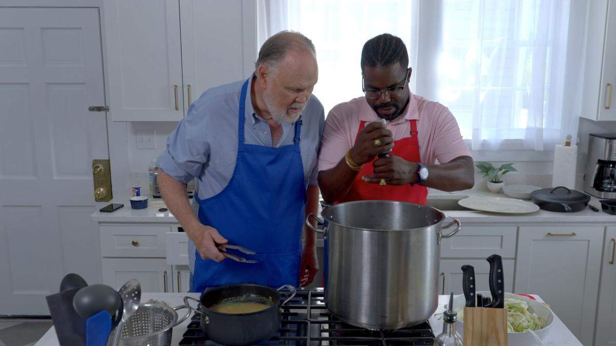 Rep. Jeff Bradley, R-Hilton Head Island, and Rep. J.A. Moore, D-North Charleston, cook a meal on the SCETV show “Food for Thought” in 2023.