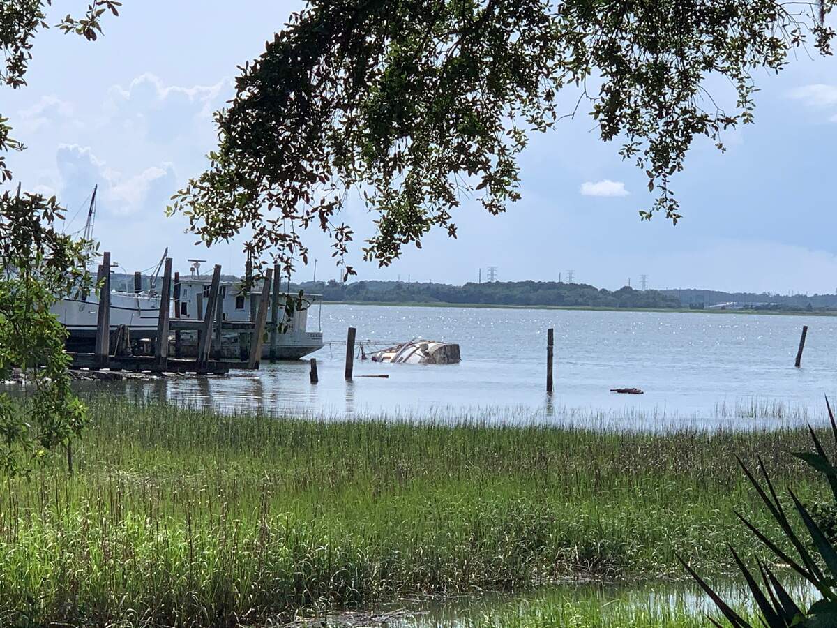 A boat sinking in Skull Creek on Hilton Head Island, as seen on May 29.
