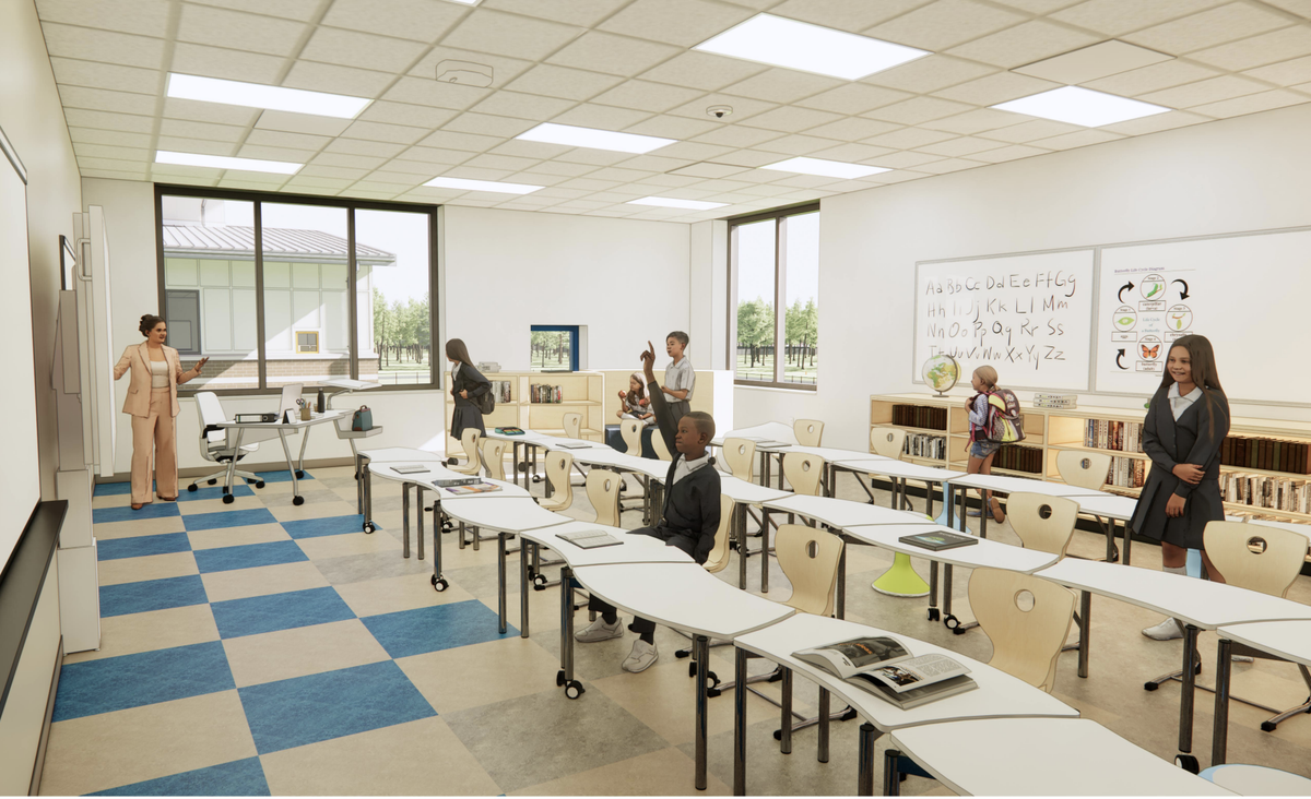 Rendered image of May River Elementary School, set to open for the 2027-2028 school year. Designed by Quakenbush Architects and constructed by Thompson Turner Construction.