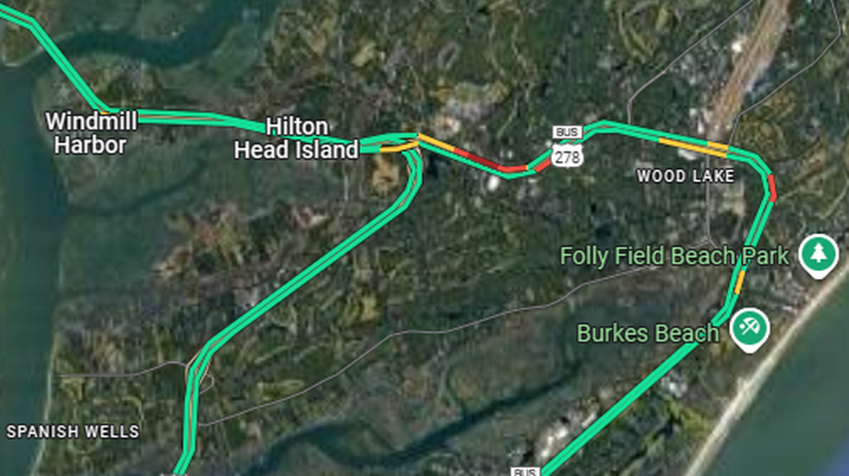 Traffic data showed several miles of backups on north-end Hilton Head Island following a crash at the intersection of U.S. 278 and Wilborn Road around 12:30 p.m. on June 17, 2025.