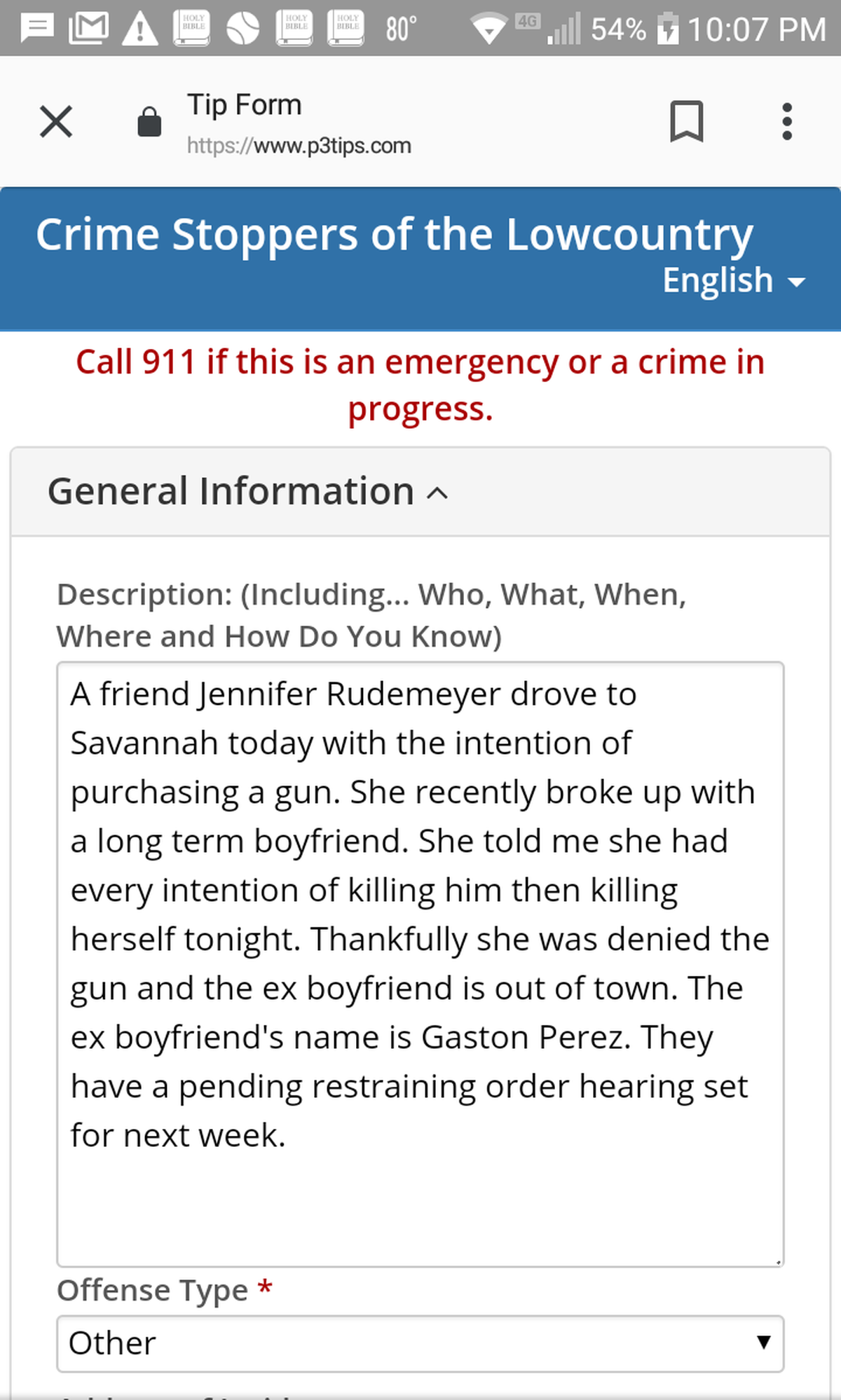 A screen shot of a tip submitted to Crime Stoppers of the Lowcountry by a friend of Jennifer Rudemyer, captured at 10:07 p.m. CST on Tuesday, Aug. 28, 2018.