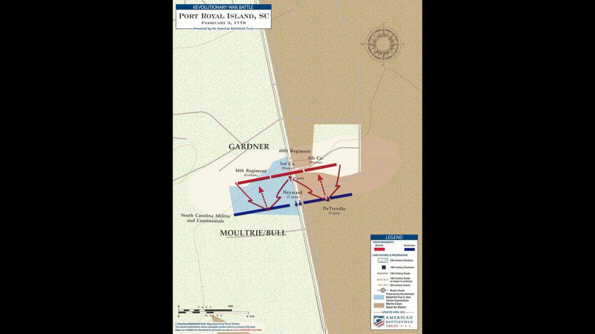 A force of South Carolina militia, Continentals, and volunteers, including men from Beaufort, under General William Moultrie, defeated the British in their attempt to capture Port Royal Island on Feb. 3, 1779, on Grays Hill.