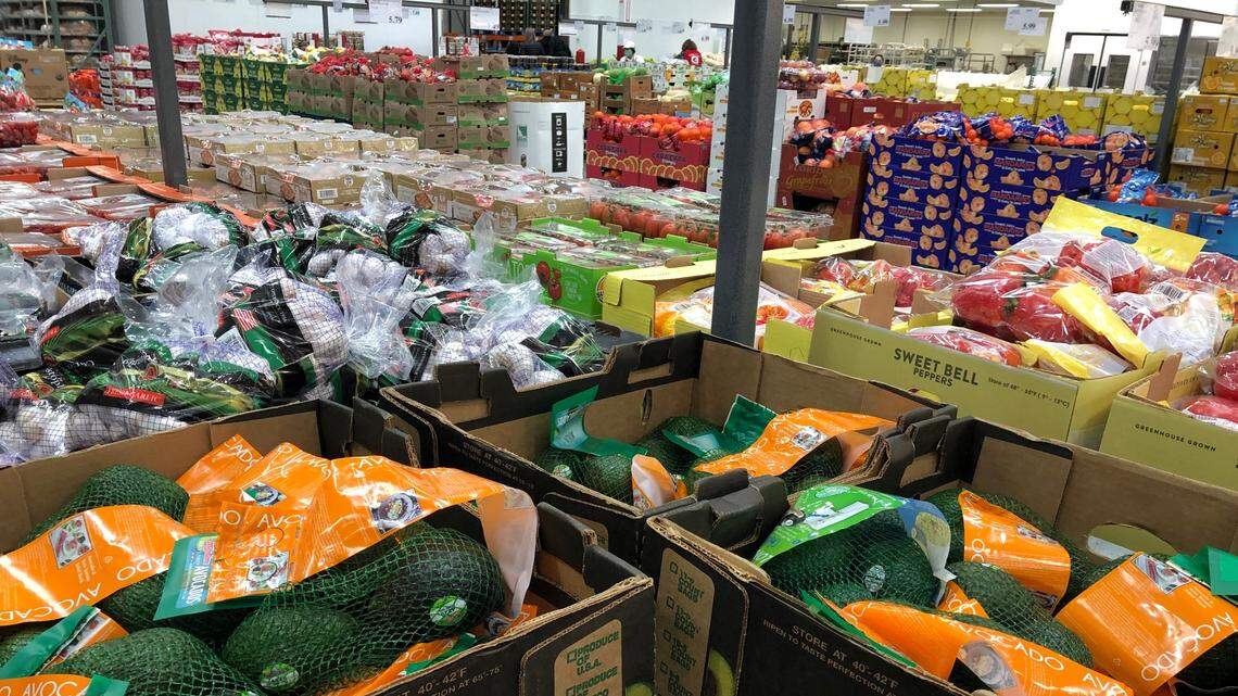 Boxes of produce are lined up for shoppers at the Costco warehouse in Charleston.