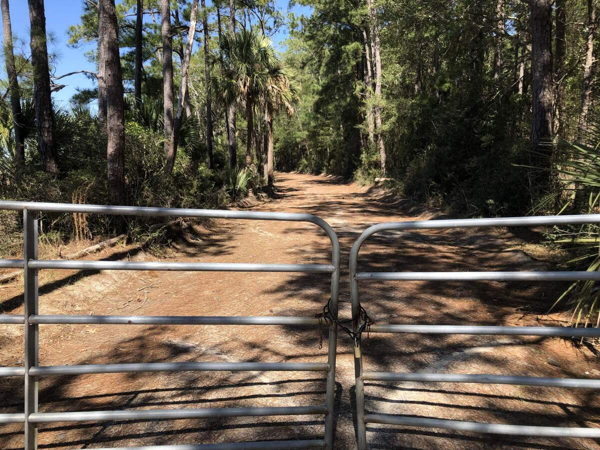 A padlocked gate blocks entrance to 229 acres at Pinckney Point owned by Beaufort County.