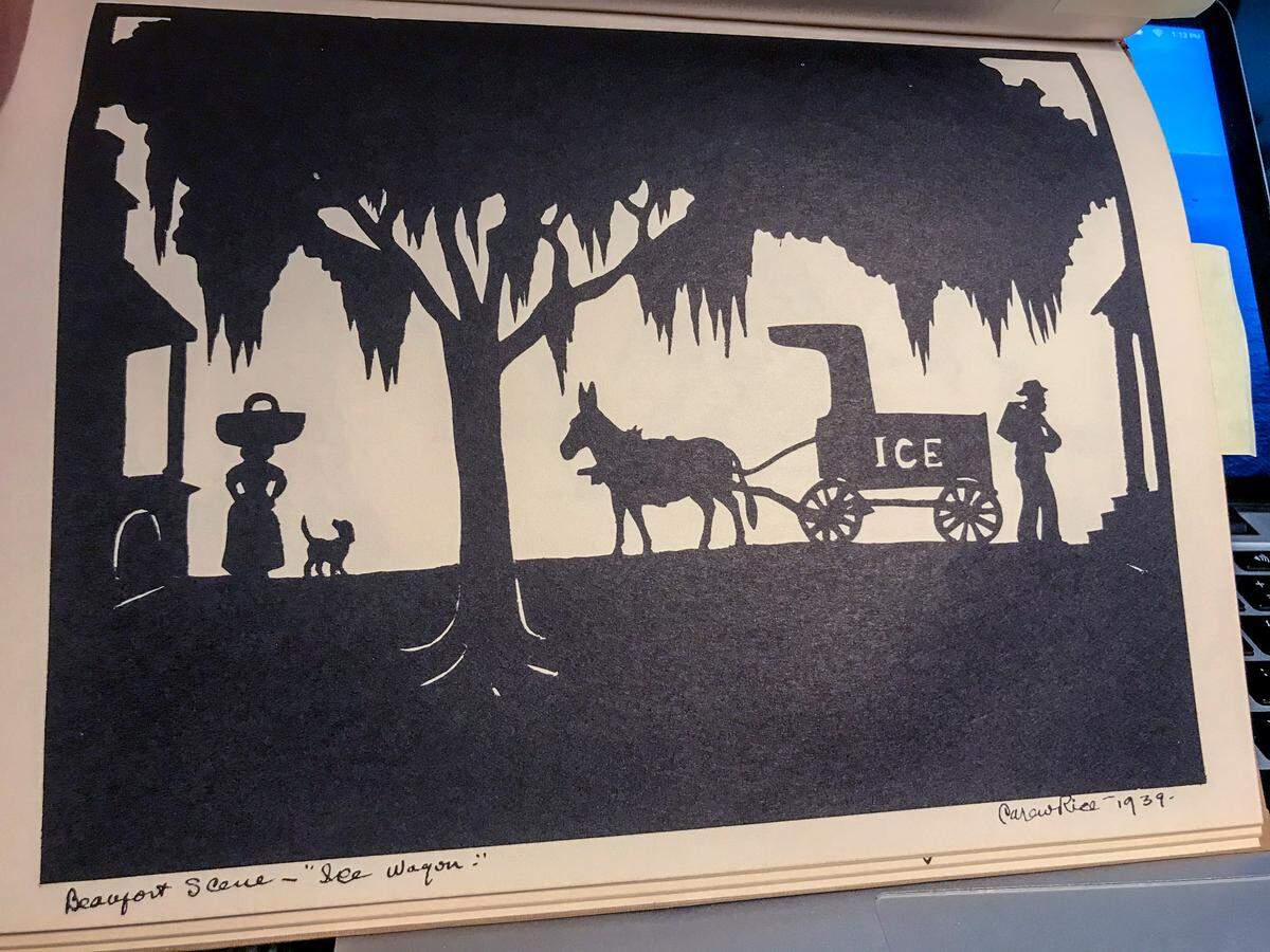 A “Beaufort Scene - Ice Wagon,” a page from Carew Rice’s 1962 book, “A Selection of Songs and Scissor-Cut Silhouettes: Lowcountry Artistry.”
