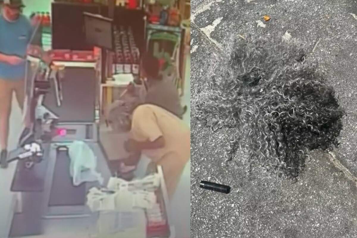 A screencap of security footage (left) shows Ronald Bruce Barnard wearing a wig during an April 28, 2024, robbery at the B&T Food Fresh Market in Ridgeland. The man had about $850 in cash in his hand when a grocery store employee and off-duty Jasper County police officer tackled him in the parking lot.