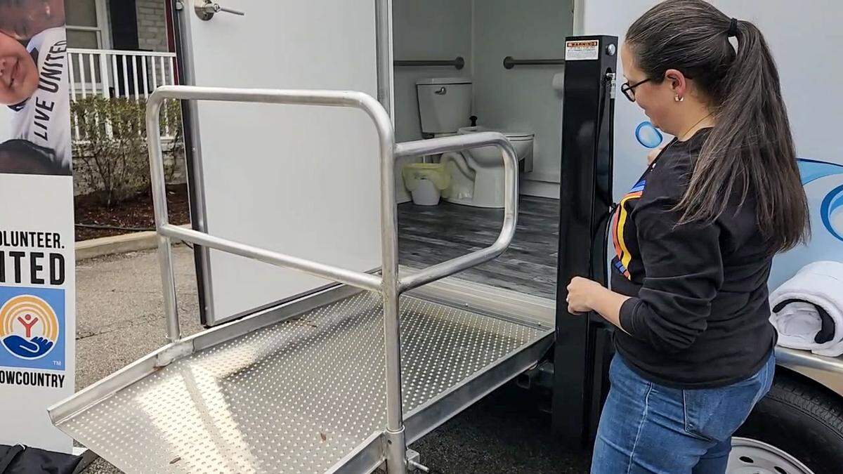 The chair lift of the ADA compliant restroom as operated by Angela Boswell, community impact manager for the United Way of the Lowcountry, at the non-profits office on Feb. 20, 2025, in Beaufort.