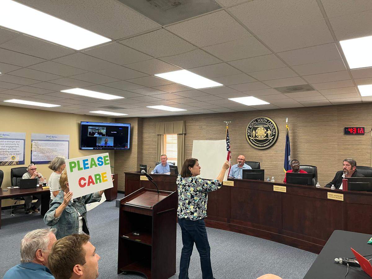 Residents of Port Royal protested before the Town Council in the fall of 2023 before council members went into executive session to discuss the waterfront marina and housing plans by Safe Harbor Marinas. Residents are displeased with the plans. Officials affiliated with Safe Harbor Marina were seated in the first row.
