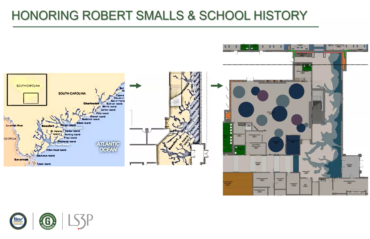 The lobby floor will feature a design that includes South Carolina’s coastline and two water levels, depicting Robert Smalls’ journey from Charleston to Beaufort aboard the C.S.S. Planter.