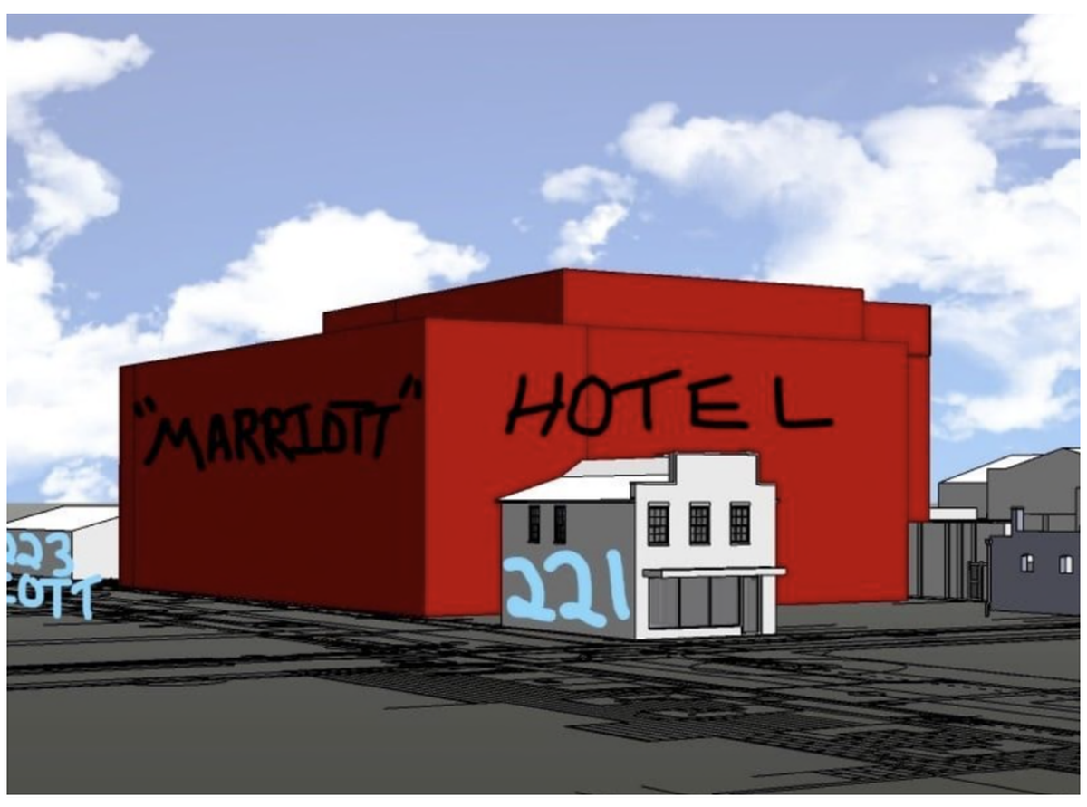 A lawsuit accuses critics of intentionally misrepresenting the mass, scale and height of a 303 Associates hotel project proposed in downtown Beaufort in this rendering dubbed “The Red Menace.” It’s one example given in a lawsuit by 303 Associates against Graham and George Trask accusing them of a misinformation campaign it says has cost the developer millions due to delays.