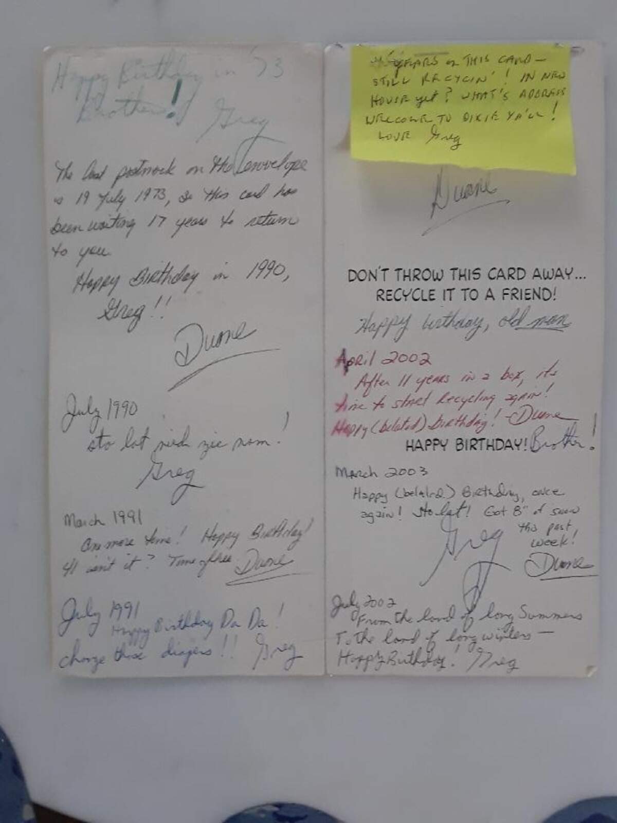 Brothers Greg and Duane Lula have been exchanging the same Charlie Brown birthday card for almost five decades. They add new notes, doodles, and the date every year.
