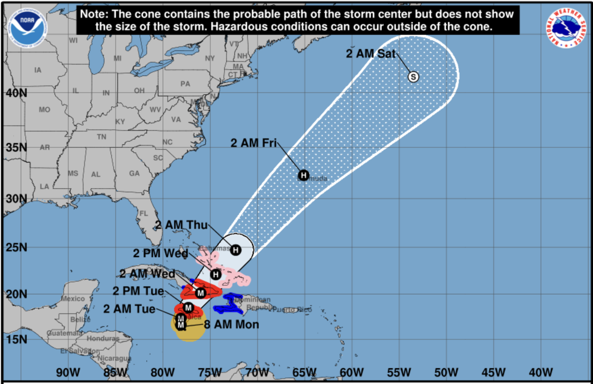 Projected path of Hurricane Melissa as of 8 a.m. on Oct. 27, 2025. The storm reached Category 5 status on Monday morning.