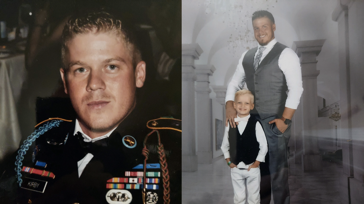 Calaab Kirby photographed in his army dress blue uniform (left) and with his 12-year-old son, Chase.