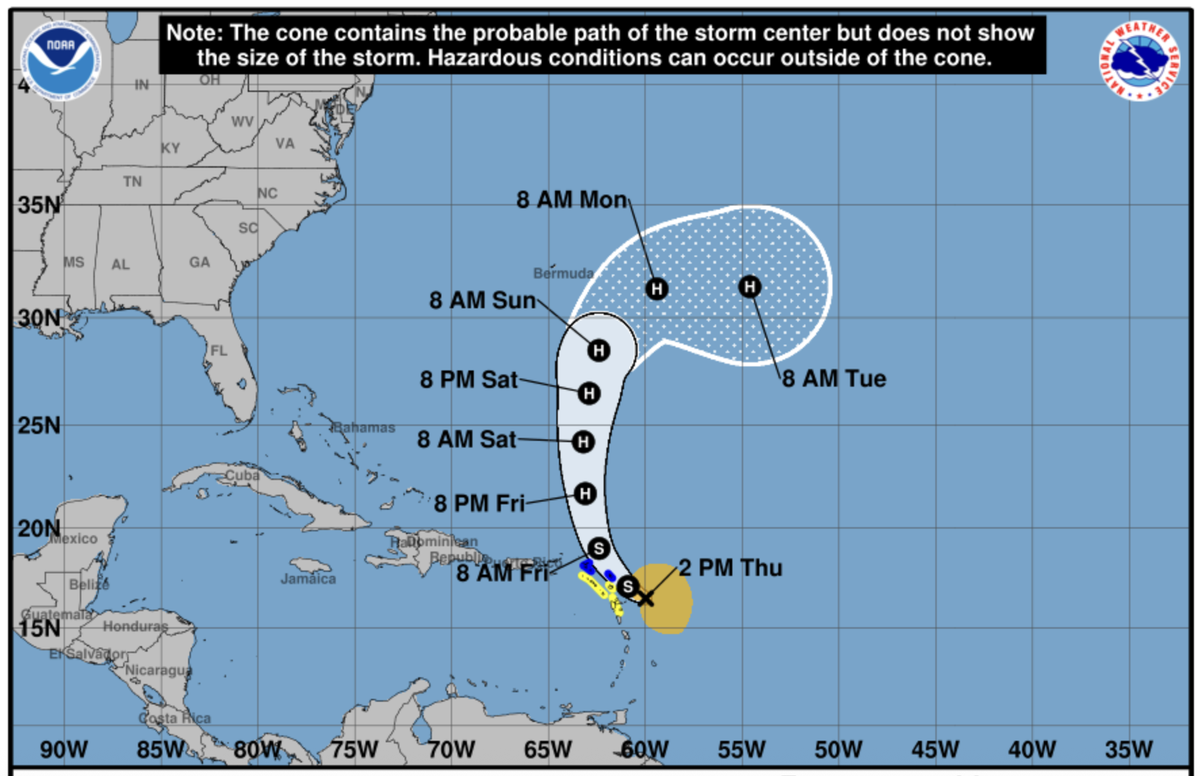 Cone forecast for Tropical Storm Jerry as of Oct. 9, 2025. The storm is expected to strengthen to a hurricane by Friday.