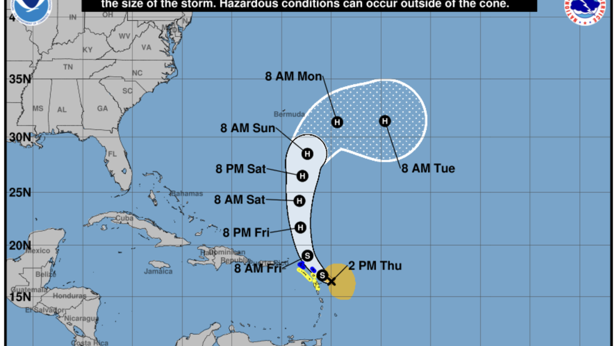 Cone forecast for Tropical Storm Jerry as of Oct. 9, 2025. The storm is expected to strengthen to a hurricane by Friday.