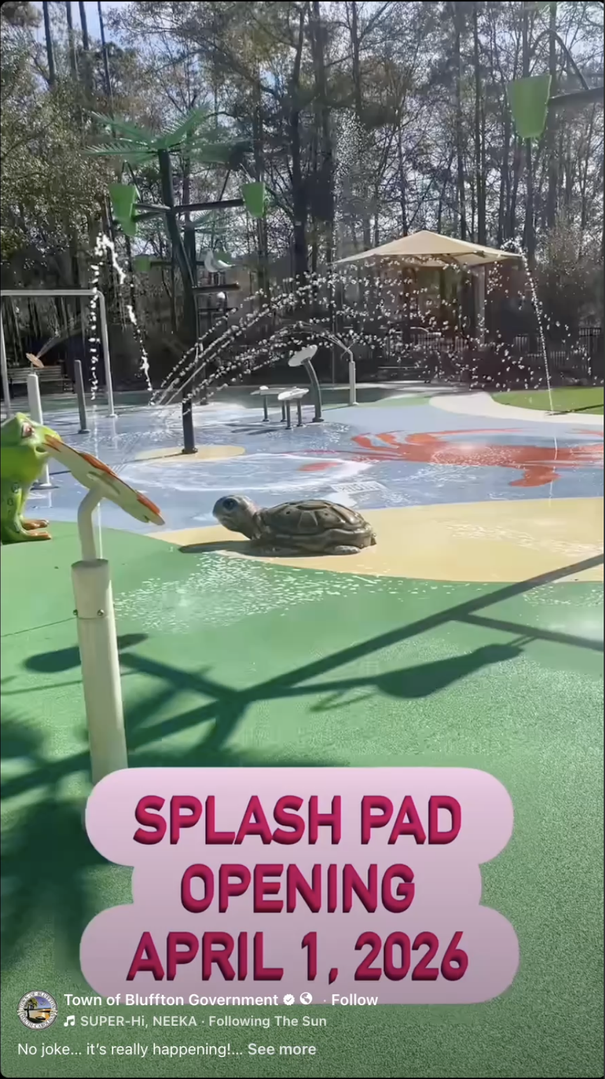 A screen grab from the Town of Bluffton’s Facebook page announcing the opening of the splash pad at Oscar Frazier Park.