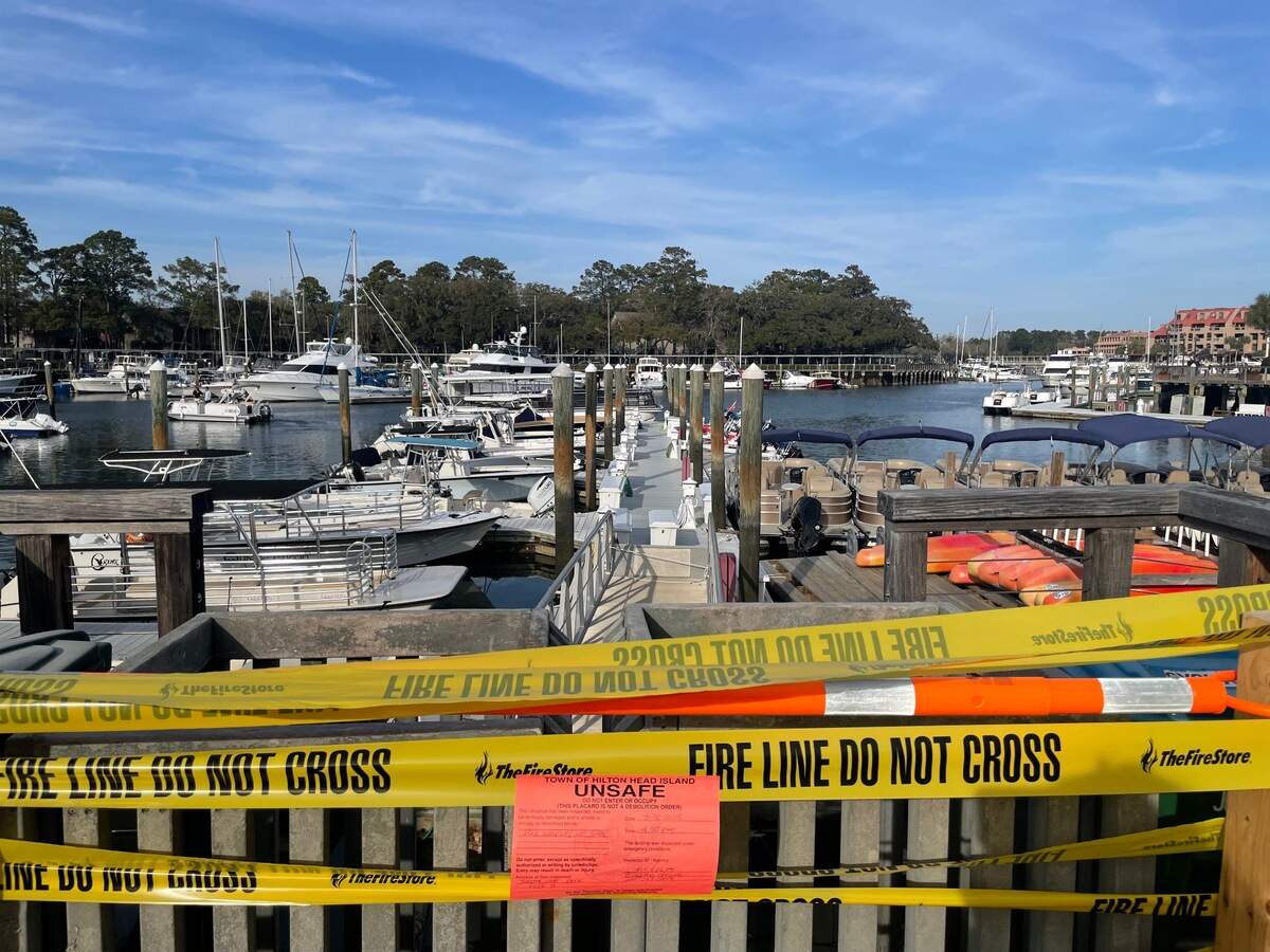 Dock B at Shelter Cove Marina was blocked off after its gangway collapsed the afternoon of March 12, 2025, sending a number of people into the water below. Eight were sent to the hospital with minor injuries, according to Hilton Head Island Fire Rescue.
