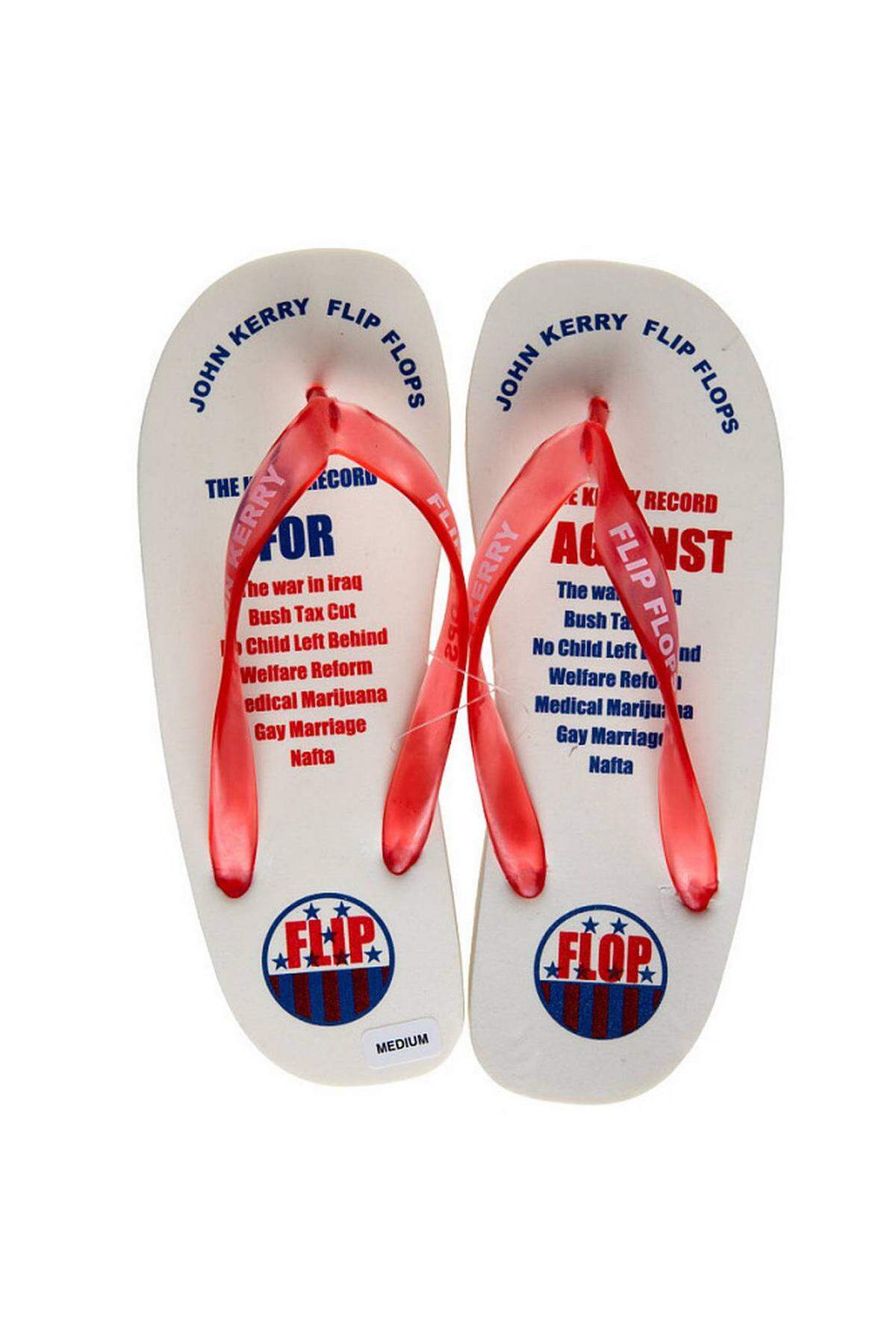 Pairs of “John Kerry flip-flops” were sold at the 2004 Republican National Convention, disparaging the Democratic presidential candidate for “flip-flopping” on campaign promises.