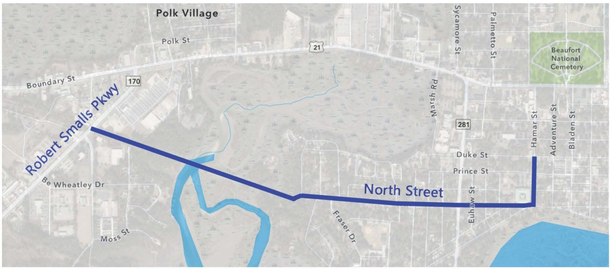 The blue line shows the location of a new water transmission line that will be buried in Beaufort from September through July.
