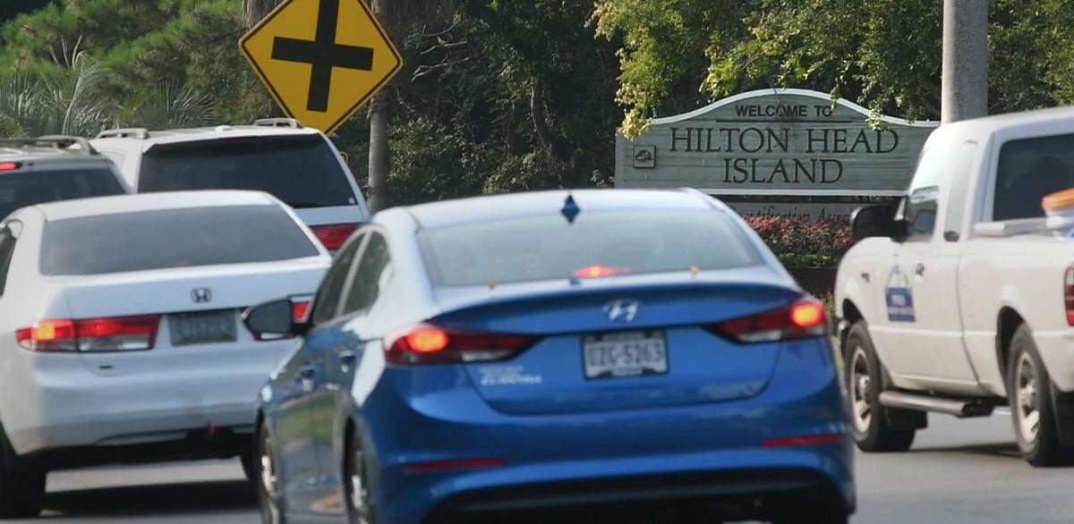 Traffic backs up as commuters make their way onto Hilton Head Island.