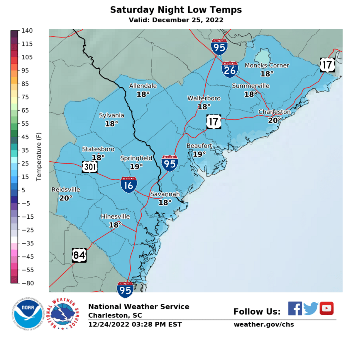 This map shows expected low temperatures for the evening of Saturday, Dec. 24 and into Sunday, Dec. 25.