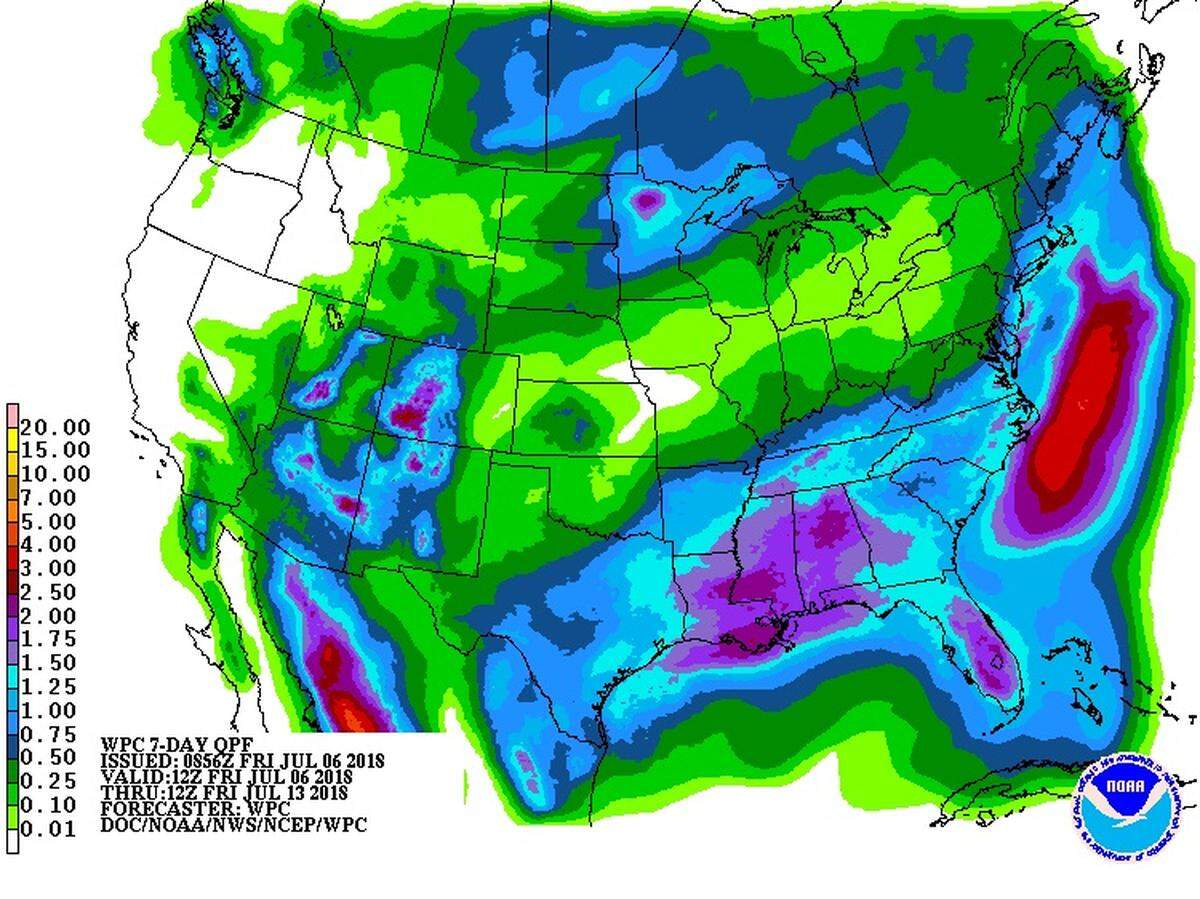 Rainfall amounts forecast over the next seven days starting Friday, July 6, 2018.