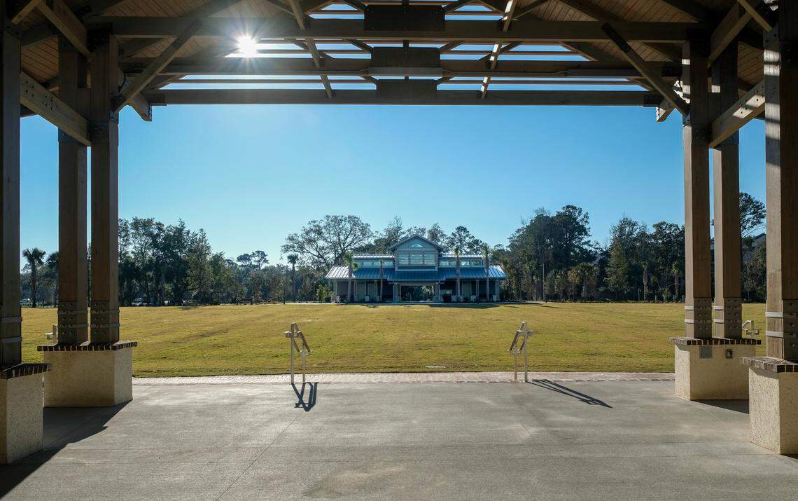 A view of the drop-off building which houses the parks restrooms as seen from the concert pavilion on Thursday, Dec. 10, 2020 at the newly opened Lowcountry Celebration Park on Hilton Head Island.
