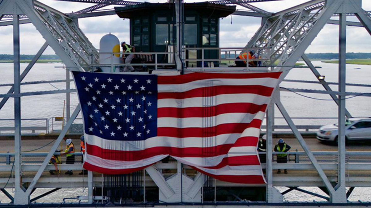 The American flag on the Woods Memorial Bridge.