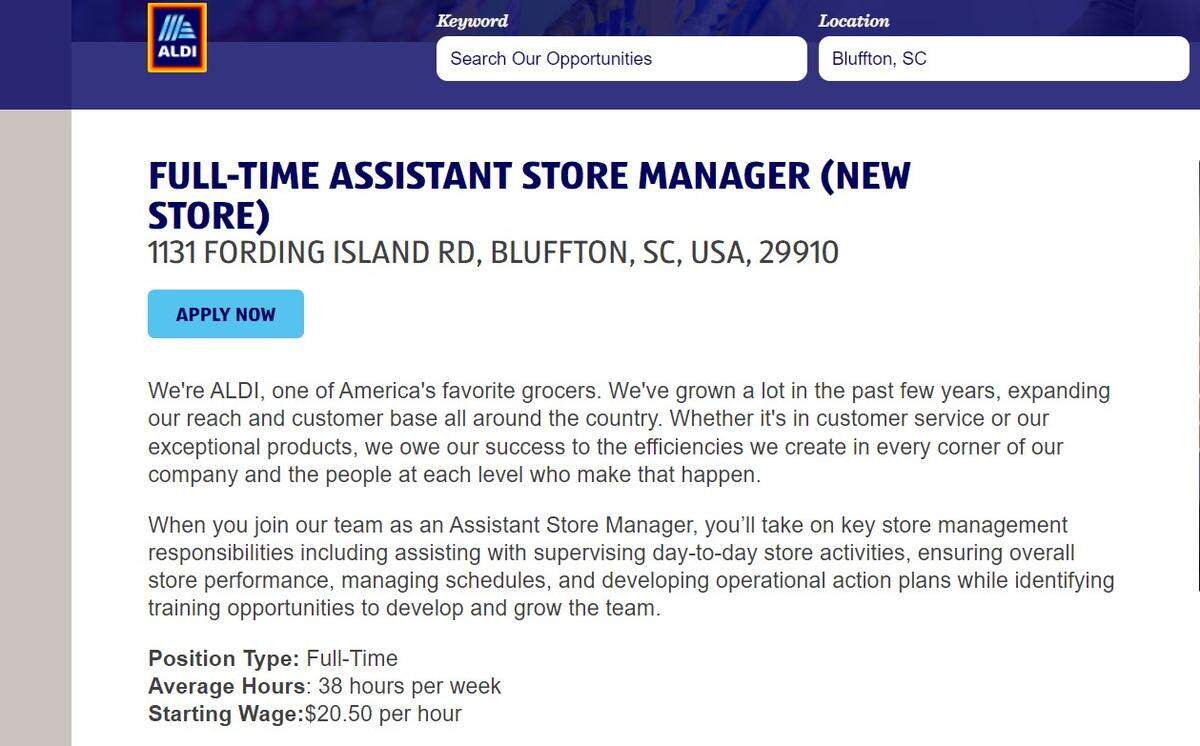This screenshot from Aldi’s website shows a job listing for a new store in Bluffton.
