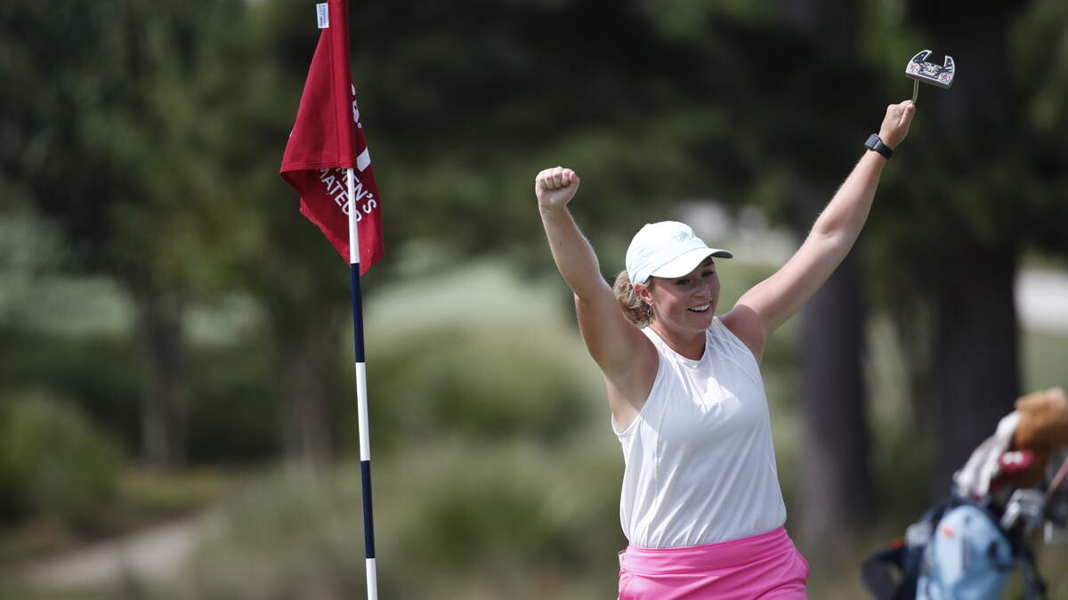 Blakesly Brock celebrates winning the championship 5 and 4 on hole 13 during the final match at the 2021 U.S. Women’s Mid-Amateur at Berkeley Hall Club (North Course) in Bluffton, S.C. on Thursday, Sept. 30, 2021.
