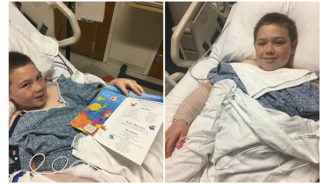 Jei Turrell, 10, got a kick out of the hospital menu after he was bitten by a shark while swimming at a Hilton Head Island beach on Sunday, May 13, 2018. "Shark Bites" the section header read.