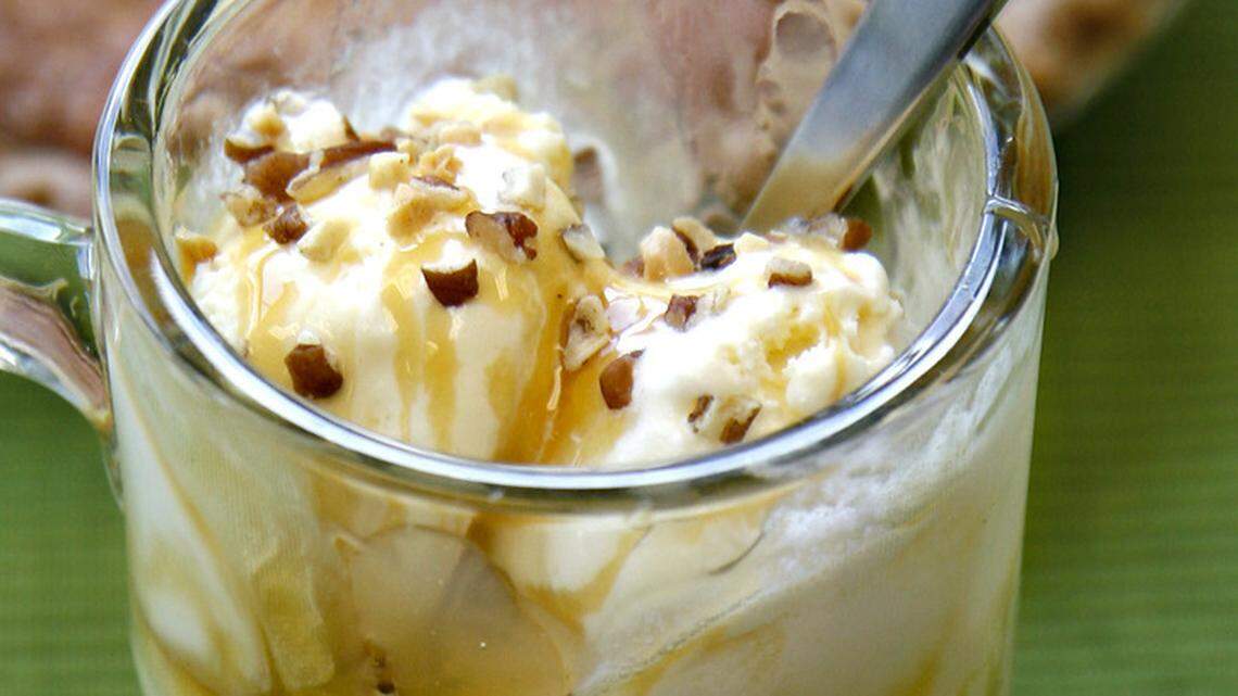 The sweetly satisfying Buttermilk Pie Sundae combines vanilla ice cream, caramel, crushed nuts and buttermilk pie.