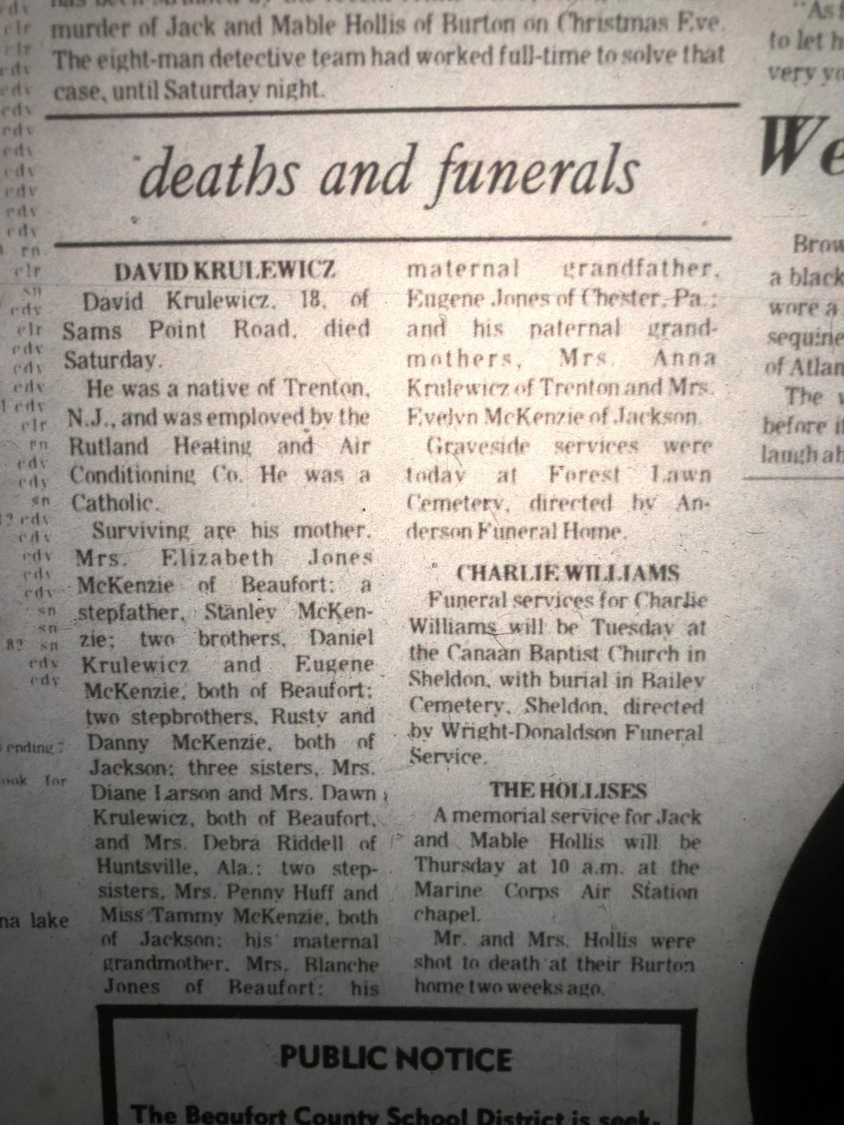 David Krulewicz’s obituary in the Jan. 7, 1980, edition of The Beaufort Gazette