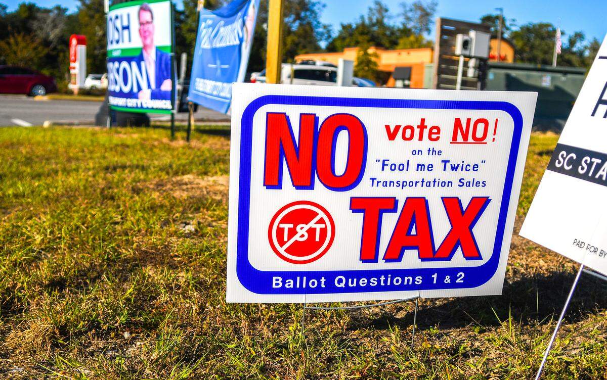 Signs like this one, located at Robert Smalls Parkway and Boundary Street, are scattered throughout northern Beaufort County in opposition to the 1% transportation sales tax placed before voters in the November 2024 election. If passed by voters, the increase would be effective for 10 years or until $950 million is collected.