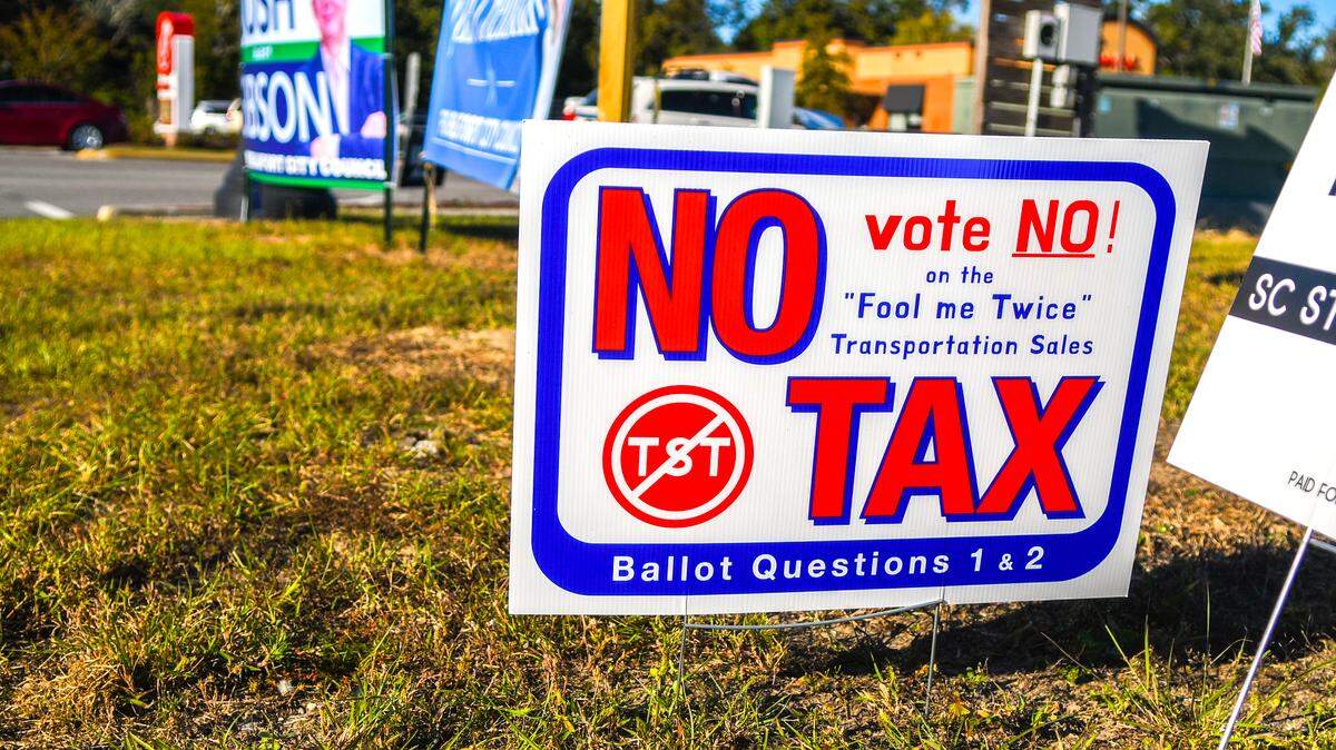 Signs like this one were on display in Beaufort County in opposition to the 1% transportation sales tax placed before voters in the November 2024 election. Voters rejected it by a 55%-45% margin.